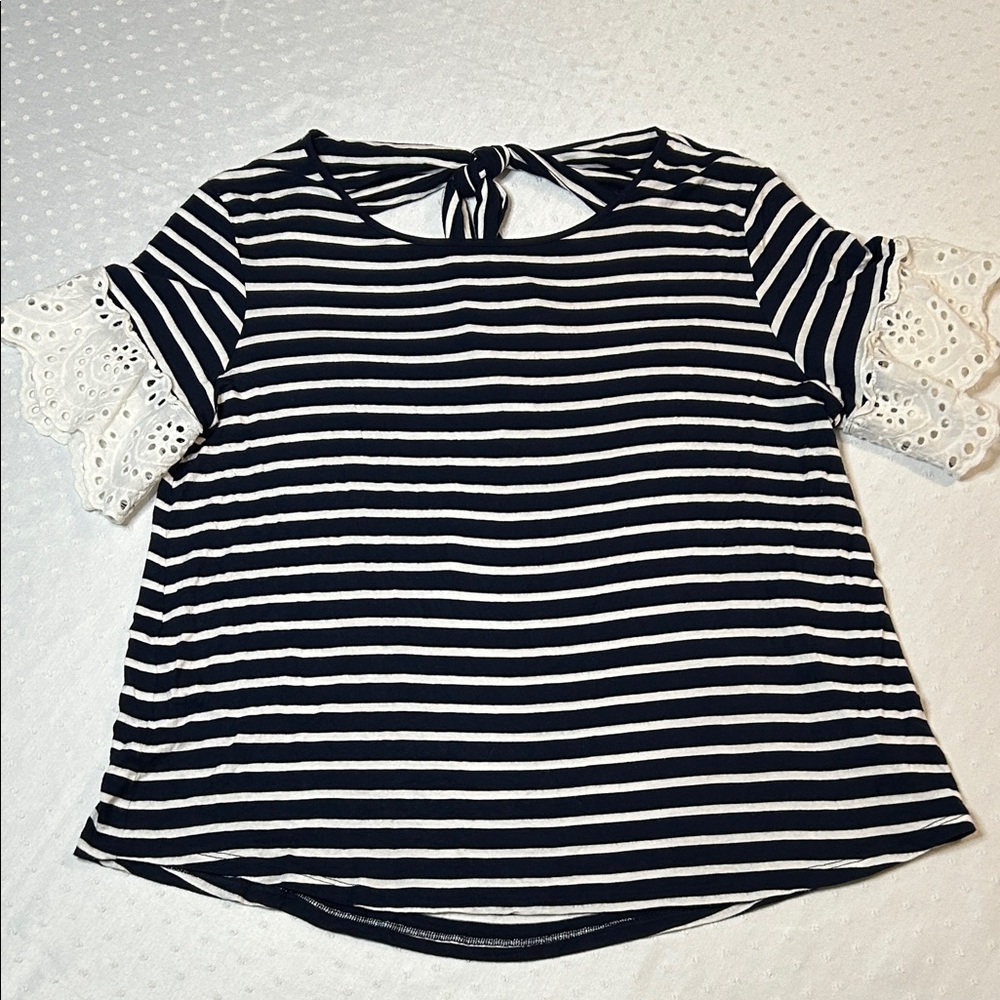 Maurices Navy and White Striped Blouse with Lace Accents